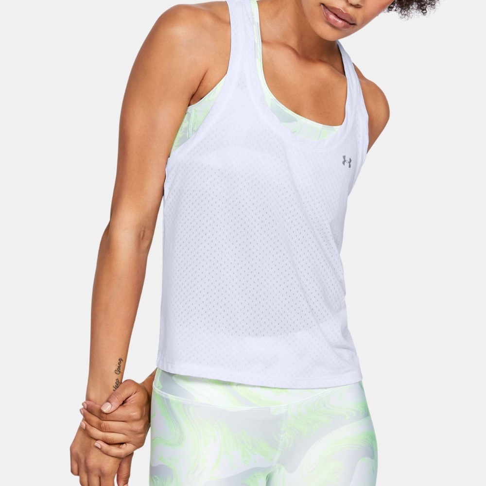 Under Armour White Mesh Racerback Muscle Tee with Light Green Accents